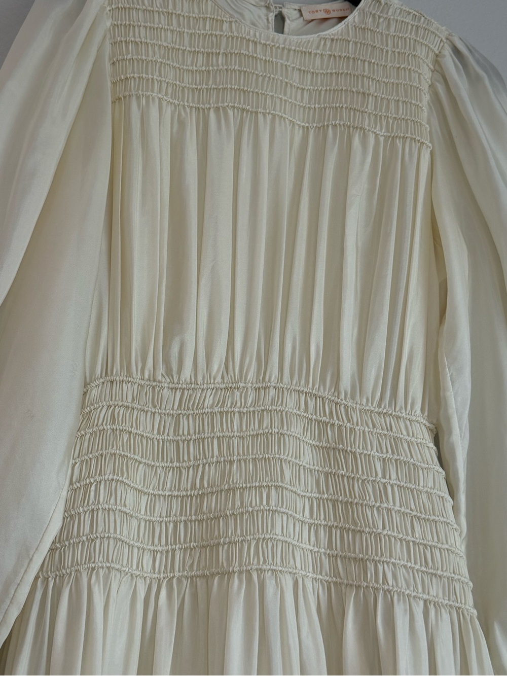 Tory Burch Runway Corded Smocked Silk Midi Dress Ivory Long Sleeve Size 6 - Picture 6 of 10